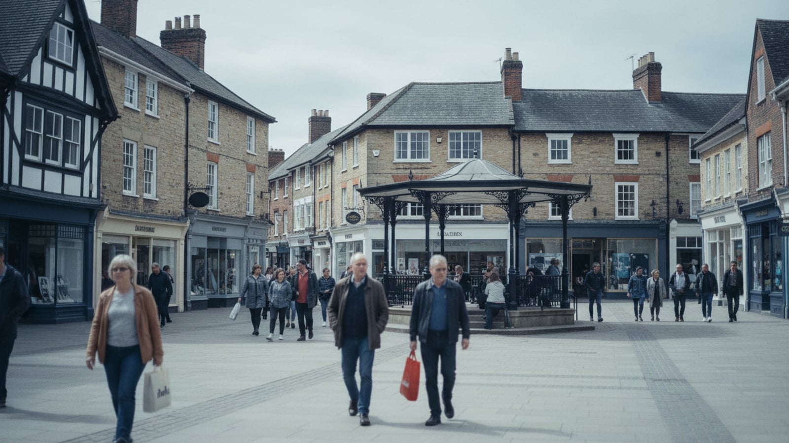 Horsham Carfax on a weekday morning with local businesses open for trade.