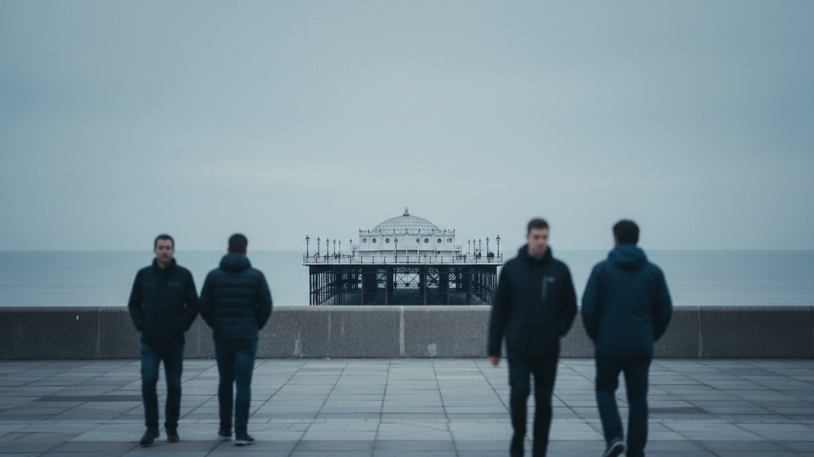 Worthing town centre and seafront on a clear morning with local businesses open.