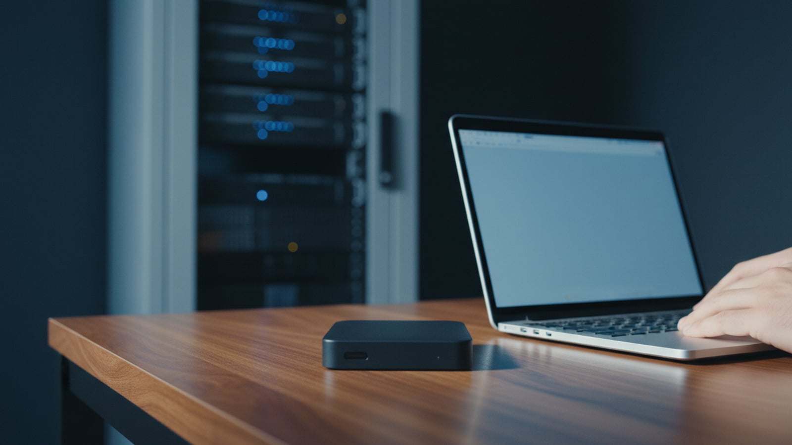 External hard drives stacked on a desk.