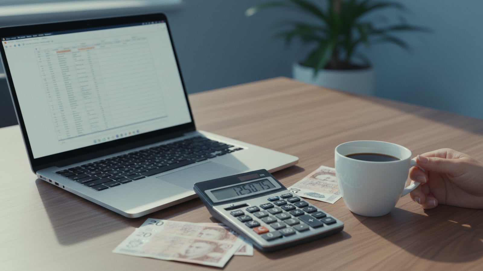 Calculator, laptop and a coffee on a UK office desk — working out IT support costs.