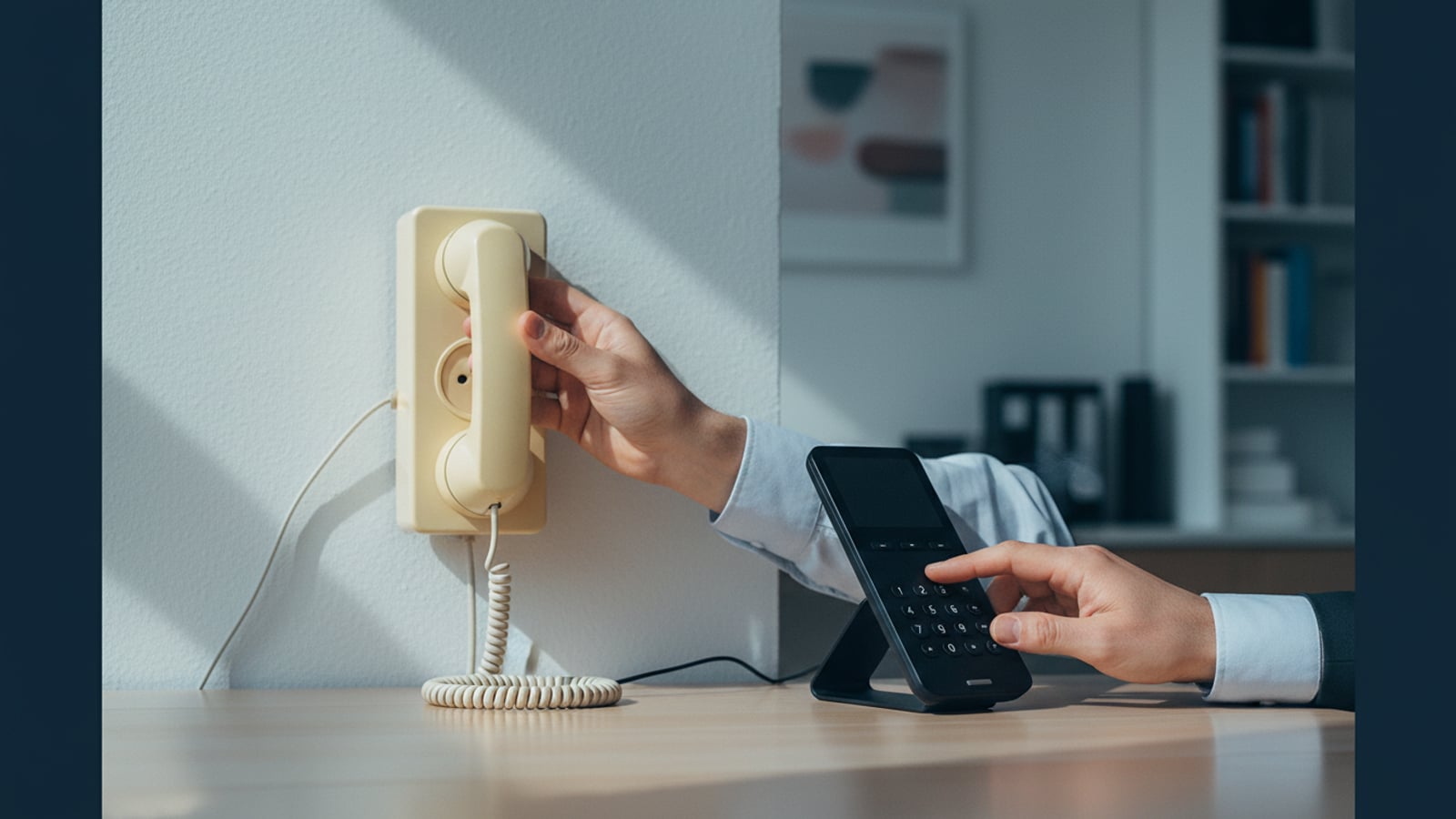 Old PSTN socket beside a VoIP handset.