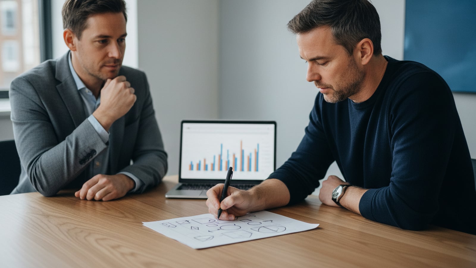 Meeting with a laptop and strategy notes.