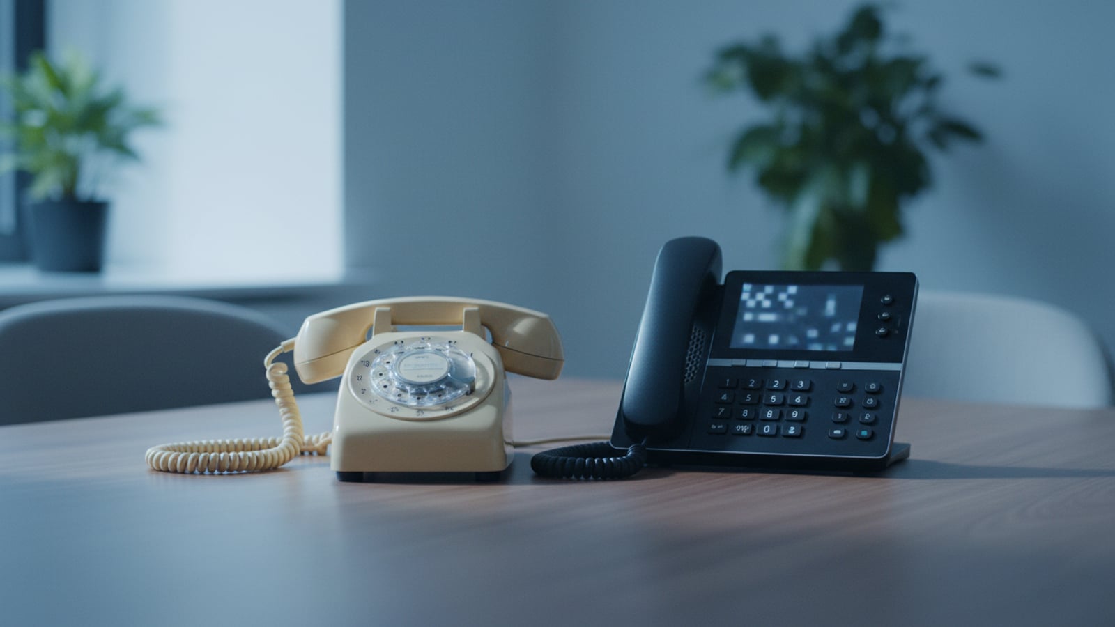 VoIP desk phone in a modern office.