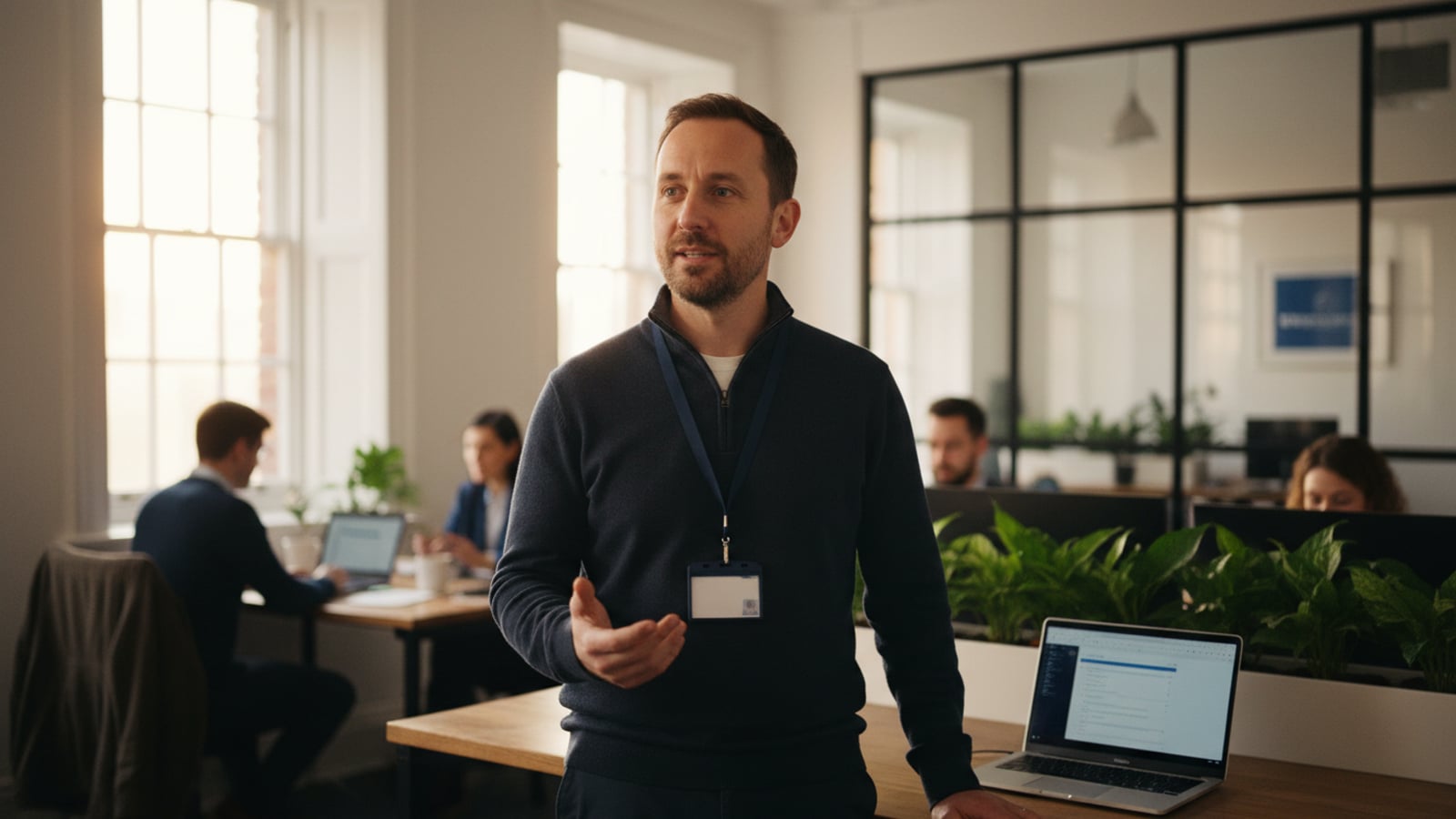 Syntek engineer reviewing a client's IT dashboard at a West Sussex office.