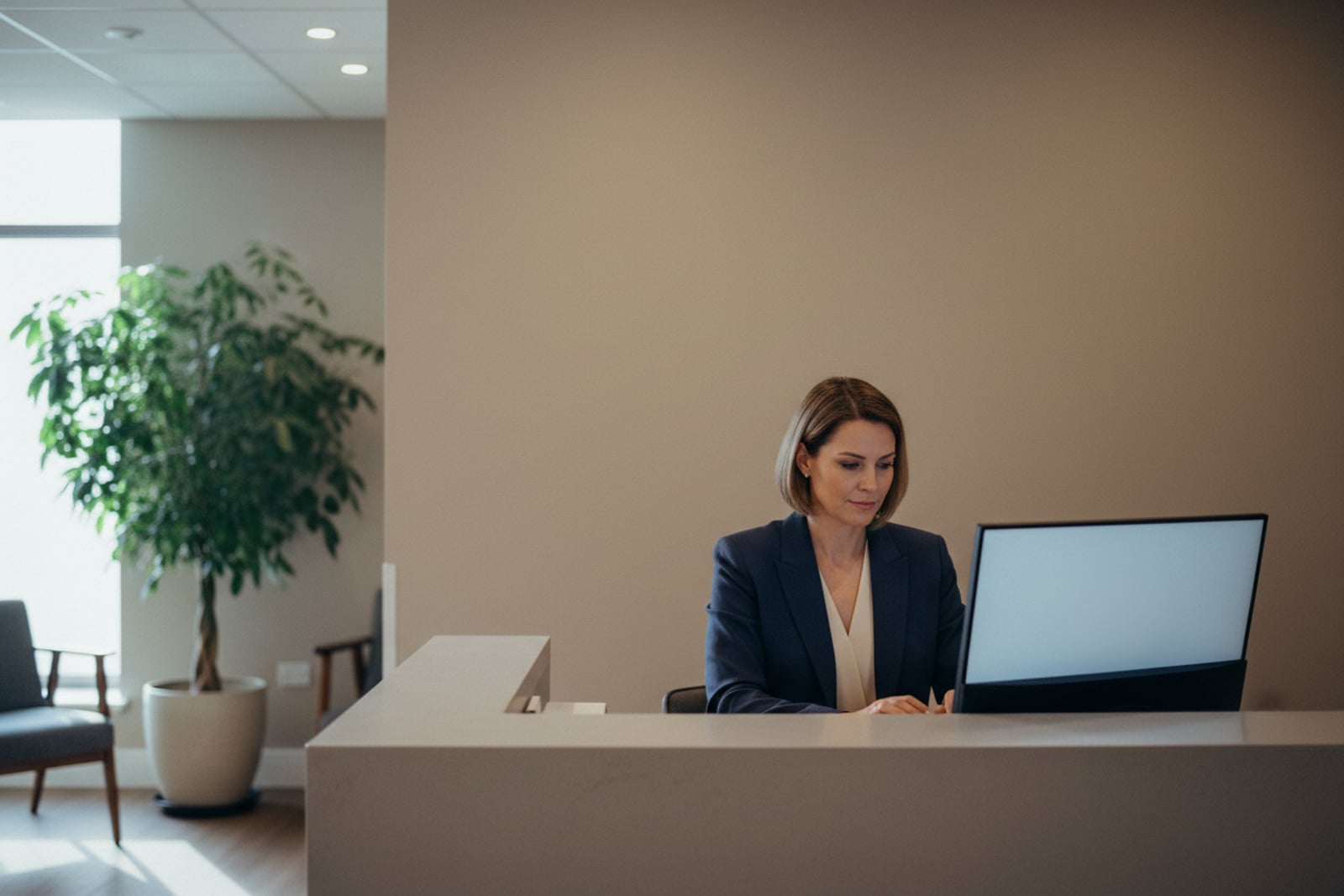A clinician at a reception desk in a modern private clinic, updating patient records on a tablet.