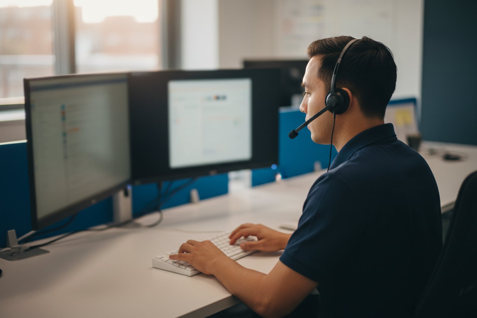 Syntek support engineer on a headset, screen showing a ticket queue for a West Sussex client.