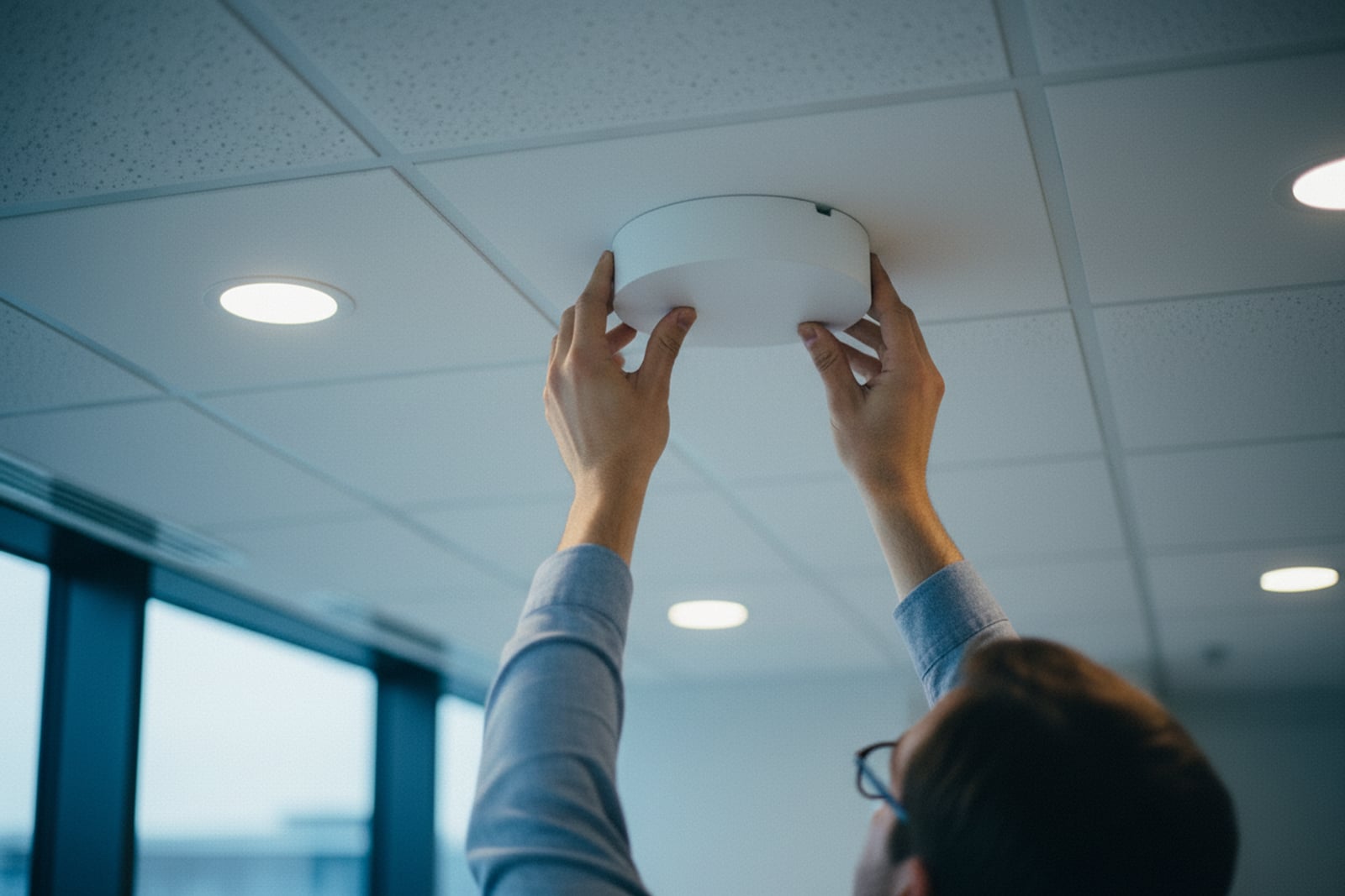 Ceiling-mounted business WiFi access point above a tidy open-plan office.